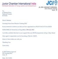 MCID Invitation Letter from Zone Director Training, JCI India